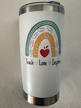 NWOT White Teach Love Inspire Rainbow Travel Stainless Steel Tumbler
